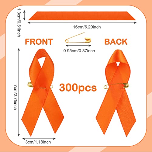 Image of 300 Pieces Orange Ribbon Satin Awareness Pins Leukemia Lymphoma Cerebral Cancer Awareness Pins Orange Brooch with Safety Brooch(300 Pieces)