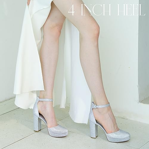 Image of Ankis Platform Closed Toe Heels for Women, Silver Womens Heels Closed Round Toe Chunky Block Pumps Shoes, 4 Inch