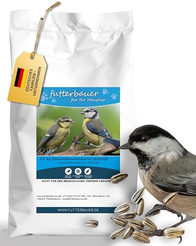 Futterbauer 25kg gestreifte Sonnenblumenkerne im Papiersack für Vögel 100% Natur Nahrhafte Energiequelle für Wildvögel Frisch und reich an Nährstoffen Ideal für Vogelfutter Spender Ernte 2025