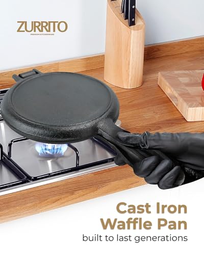 ZURRITO Cast Iron Waffle Maker Stove Top Bundle Set (7inch Round Waffles), Stove Top Waffle Maker for Camping Grill or Stovetop, Camping Waffle Maker, Non-Electric Cast Iron Waffle Iron, 4.4 pounds