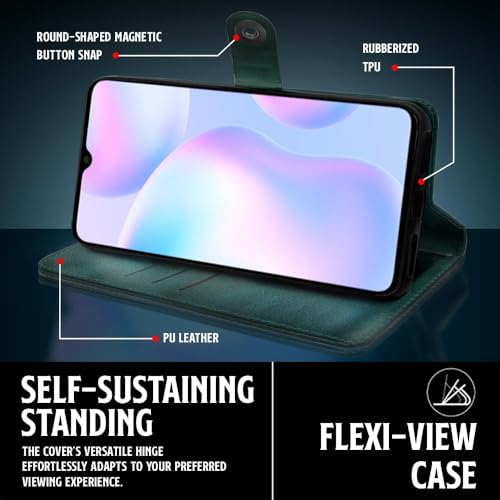 Image of WOW IMAGINE Shock Proof Flip Cover Back Case for Xiaomi Mi Redmi 9A | 9i | 9A Sport (Magnetic Button Flip Case | Wallet Pockets & Stand | Leather Finish | Forest Green)