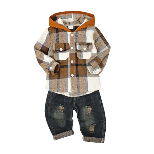 Image of Toddler Baby Boy Fall Winter Clothes Long Sleeve Plaid Hooded Sweatshirt Ripped Holes Jeans Set 1-5 Years Old