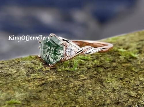 K O J 6 Prong Natural Moss Agate Gemstone Hexagon Shaped Engagement/Wedding Ring, Dainty Ring, Anniversary Ring, Bridal Ring, Vintage Ring, Best Gift For Her, Sterling Silver Ring, Stacking Ring4