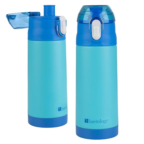 Image of Bentology Stainless Steel 13 Oz Reusable Water Bottle for Kids, Blue | Double Wall Insulated, Spill Proof Lid W /Built-in Straw- Keep Liquids Hot or Cold- Easily Fits in Lunch Boxes & Bags