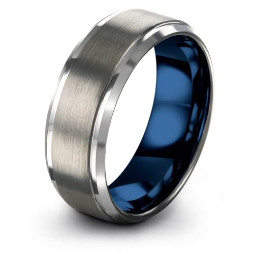 Charming Jewelers Tungsten Wedding Band Ring 8mm Men Women Comfort Fit Blue Grey Step Bevel Edge Brushed Polished Size 7.5