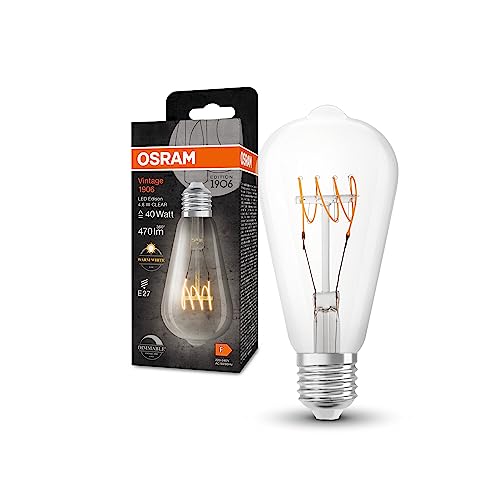 OSRAM Vintage 1906 Classic Edison FIL LED-Lampe, E27, klar, 4,8W, 470lm, 2700K, warmweißes Licht, dimmbar, neues, ultraschlankes Filament, sehr geringer Energieverbrauch, lange Lebensdauer
