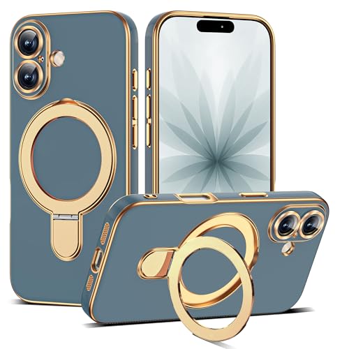 ETPESOK Compatible with iPhone 17 Case with Magnetic Ring Stand [Compatible with Mag-Safe] [Full Camera Lens Protector] Soft Plating Phone Case for iPhone 17 6.3 Grey Blue