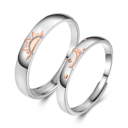 Alliance en argent véritable bicolore avec bague ajustable soleil et lune
