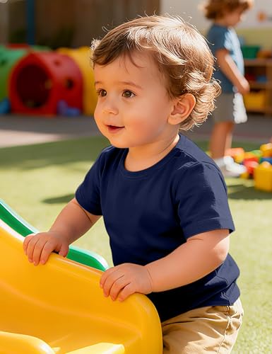 ZUEMET Toddler Boys Short Sleeve T-Shirts Baby Basic Tee Solid Color Tops Size 3T Navy Blue - Thumbnail 3