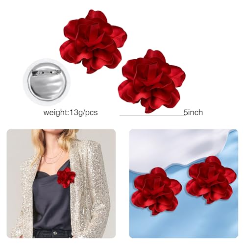 Image of 2Pcs 5in Dainty Satin Fabric Flower Brooch Extra Large Rose Camellia Flower Brooches Lapel Pins for Women Wedding Party Dance Banquet Clothes Jewelry Accessories