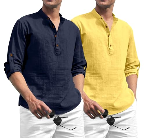 Image of Zombom Combo of Men's Solid Cotton Polyester Blend Full Sleeve Straight Kurta Shirt (Pack of 2)
