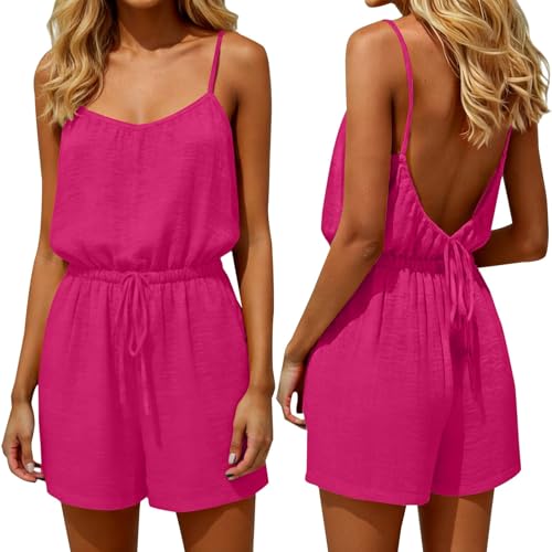 Image of HOOUDO Linen Jumpsuit for Women UK 2026 Dungarees Backless Cami Sleeveless Wide Leg Rompers Elegant One Piece Overalls Solid Casual Playsuit for Summer Beach Vacation Hot Pink