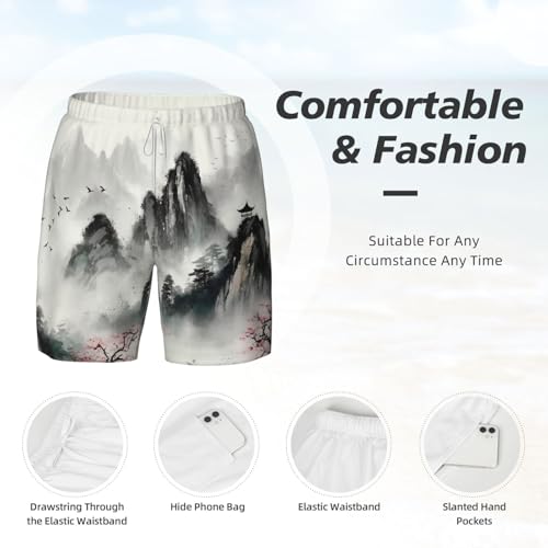 Men's Swim Trunks Quick Dry Board Shorts Ink Painting Style Mountain Beach Shorts with Pocket Bathing Suits for Men4