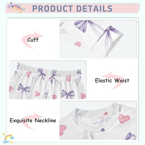 Pajama Sets Long Sleeve Purple Bows Pink Hearts Soft Comfy Sleepwear 2 Piece PJS 3-8T4