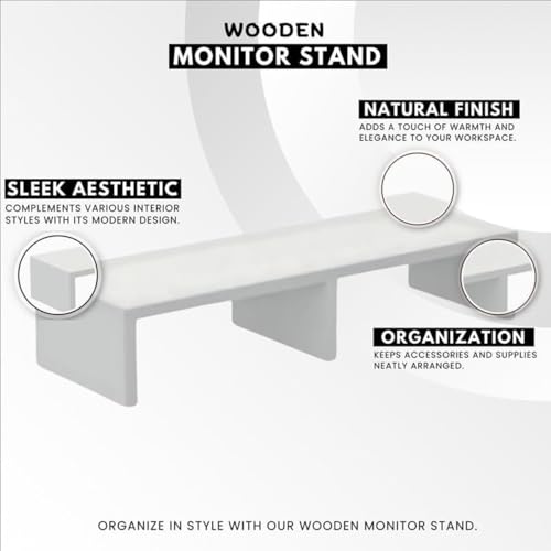 Image of flux Monitor Stand Wooden | Monitor Stand Riser | PC Stand For Desktop Table | , with 3 leg support, Non-Slip | Material: Particle Board Wood | Size: (59.5 cm x 20cm x 12cm) white