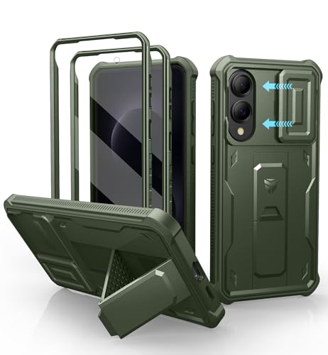 Dexnor Samsung Galaxy S25 Edge�p �P�[�X �����X���C�h�J�����J�o�[&�X�N���[���v���e�N�^�[&�L�b�N�X�^���h �R�p���ϏՌ� ��� �S�ʖh�� �o���p�[�ی�J�o�[(�O���[��)