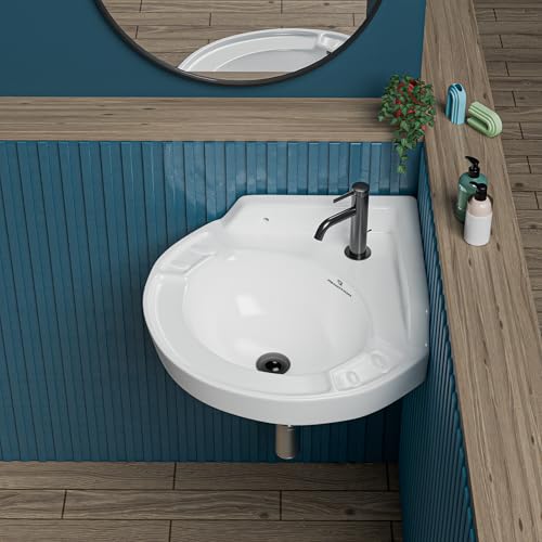 Image of REMOTION Ceramic Wall Hung Corner Wash Basin for Bathroom | Wall Mounted Corner Sink | Space-Saving, Durable & Stylish Design (17 x 15 x 7.5 Inch) (White)