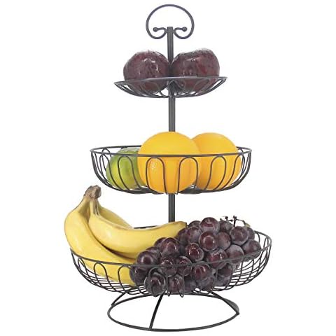 3 Tier Fruit Basket Bowl, Countertop Fruit Stand Separable Basket for Vegetables, Snacks, Household Items - Metal Cast Iron Black Cover