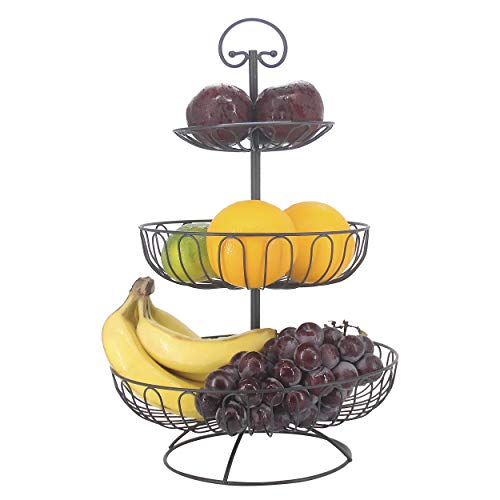 FOYO 3-Tier Fruit Basket Bowl, Countertop Fruit Stand Separable Hanging Basket for Vegetables, Snacks, Household Items - Metal Cast Iron Black