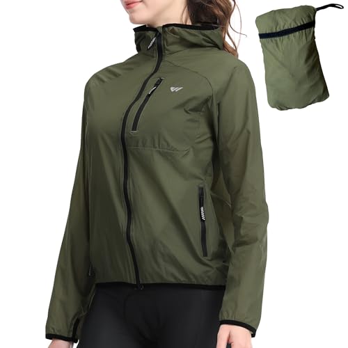 Wulibike Fahrradjacke Damen Faltbare Regenjacke Leicht und Atmungsaktiv Laufjacke Reflektierende Windbreaker für Radfahren,Trekking und Outdoor Olivegreen A2=S