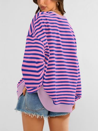 Image of PRETTYGARDEN Womens Striped Oversized Sweatshirt Color Block Crew Neck Long Sleeve Casual Loose Pullover Top Y2K Clothes