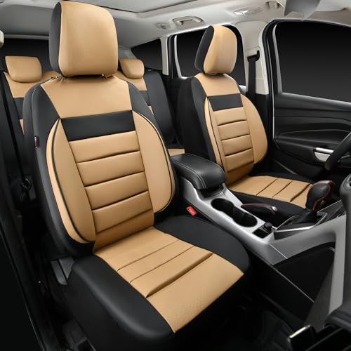 Image of CAR PASS Leather Seat Covers Full Set Universal Water Resistant 3D Foam Back Support, Luxury Comfort Automotive 5 Seat Covers All Season Fit for SUV,Sedan,Van, Airbag Compatible Elegance(Beige Black)