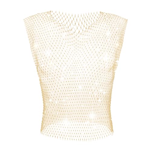 GENEMEN Herren Mesh Strass Tops Fishnet Tanktop Sexy Cropped-Shirt Rave durchsichtige Weste (Gold, L)