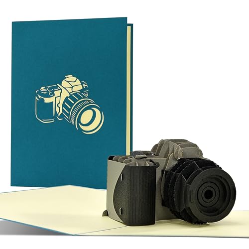 Diese-Klappkarten Biglietto auguri fotografo, macchina fotografica 3d a comparsa, ideale come portasoldi o voucher viaggi, busta inclusa, colore blu, T23