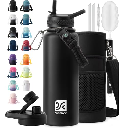 40 oz Insulated Water Bottle | Thickened Stainless Steel Vacuum Metal | Portable Sports Water Jug for Gym and Hiking with Straw, Carrier Bag, Handle Strap | BPA-Free 40 oz, Black