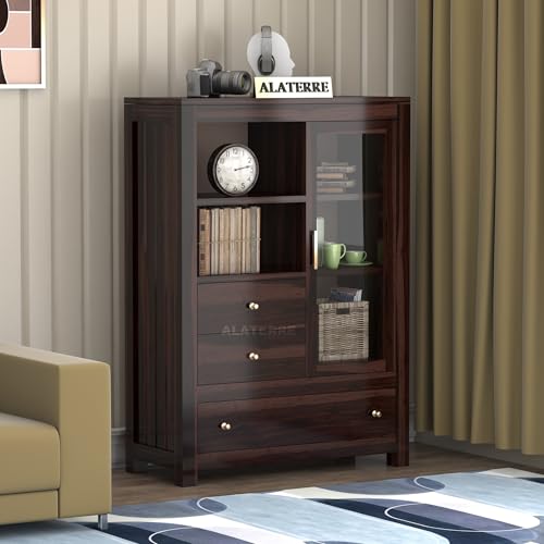 Image of Wood Book Shelf with Glass Door with Storage | Wooden Book Shelf for Home Library with Drawer | Home Office Living Room, Kitchen Crockery Storage Cabinet | Walnut Finish