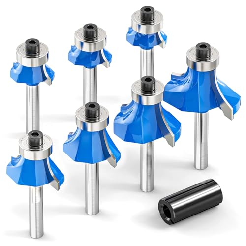 7Pcs Roundover Router Bit 1/4 Shank Radius in 1/2 3/8 5/16 1/4 3/16 5/32 1/8 Carbide Tip 2 Flutes Corner Rounding Over Edge Forming Router Bit with Bearing Guide CNC Woodworking Tool