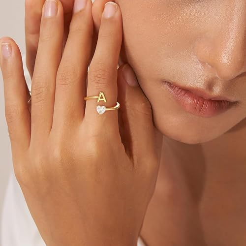 Gold Initial Rings for Women Girls - 18K Gold Plated Adjustable Letter A-Z Initial Ring Dainty Heart Zirconia Rings for Women Teen Girl Gifts2