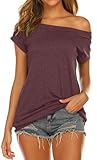 Halife Summer Clothes for Women Sexy Off Shoulder Tops Short Sleeves Wine Red M