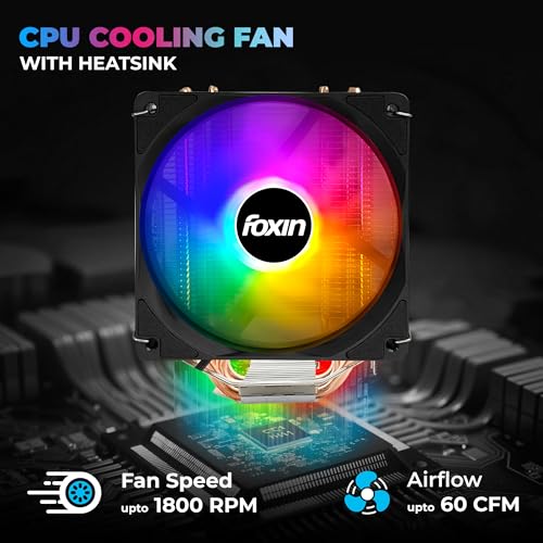 Image of Foxin FCF 004 CPU Cooling Fan with Rainbow LED | CPU Cooler 120mm RGB Fan | Hydramatic Bearing | 1800 RPM | 4 Copper Heat Pipes | 4-Pin | Compatible with Intel LGA1700 /115X /1200 & AMD AM2 /AM3 /AM4 /AM5