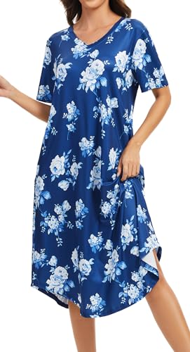 Image of Kabento Nightgowns for Women Cotton Short Sleeve Long Night Gowns with Pockets
