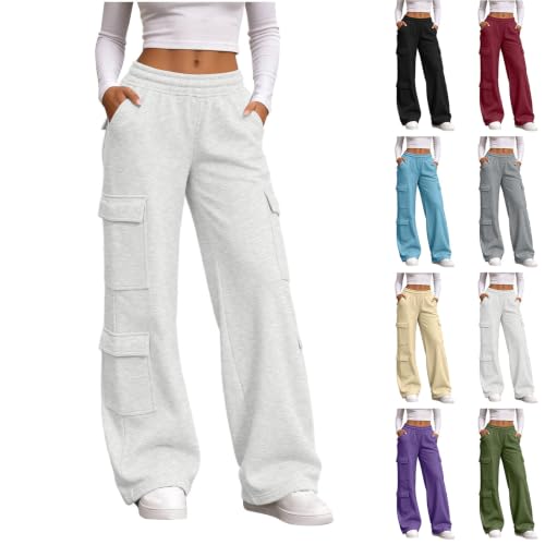 Women's Cargo Sweatpants Wide Leg Workout Pants with Pockets White - image 1