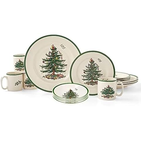 Spode Christmas Tree 16-Piece Dinnerware Set (Service for 4) - Festive Holiday Tableware Collection with Plates, Bowls, Mugs - Fine Earthenware Christmas Dinnerware - Microwave & Dishwasher Safe Cover