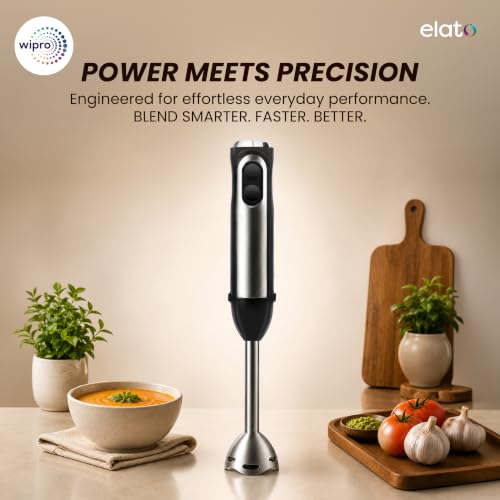 Image of Wipro Elato FMB 201 Hand Blender|Powerful 200 Watt Copper Motor With Rust Free Steel Arm|Dual Mode Multi-functional|Four In One Blade-Churn, Whip,Blend &Whisk|Sleek & Ergonomic|Black|2- Year Warranty