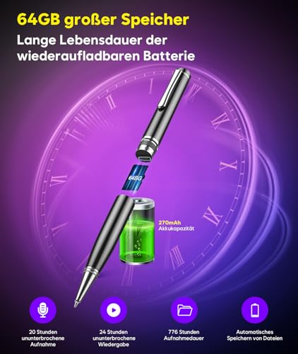 64GB Digitales Diktiergerät, Diktiergerät Aufnahmegerät mit Playback & One Touch Aufnahme, Wiedergabe mit DSP-Rauschunterdrückung & HD-Audio, 2400h Speicher Voice Recorder für Interviews, Vorträge