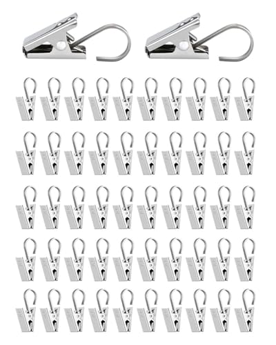 KGDUYC 50 Pezzi Clip per Tendine con Gancio, Multifunzione Antiruggine Clip Tenda in Acciaio Inox con Gancio Stringa, Ganci in Acciaio Inox Doccia per Foto, Bagno, Decorazione Domestica, Argento