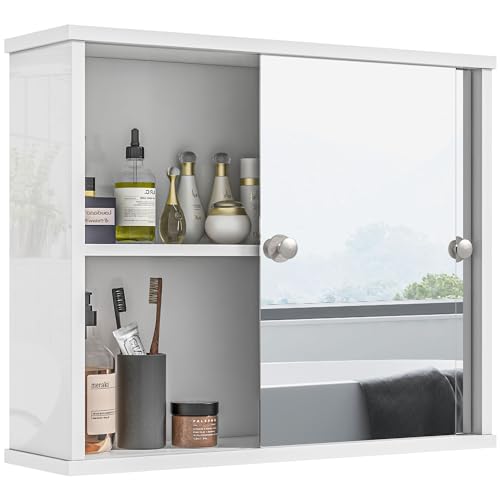 kleankin Armario con Espejo de Baño Mueble Colgante para Baño con Estante Ajustable y Puerta Corredera Doble para Dormitorio 55x15x45 cm Blanco Brillante