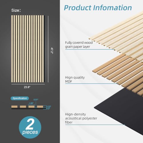 Image of Wood Slat Acoustic Wall Panels, Yellow Oak, 2 Pack, 47.2 x 23.6 in