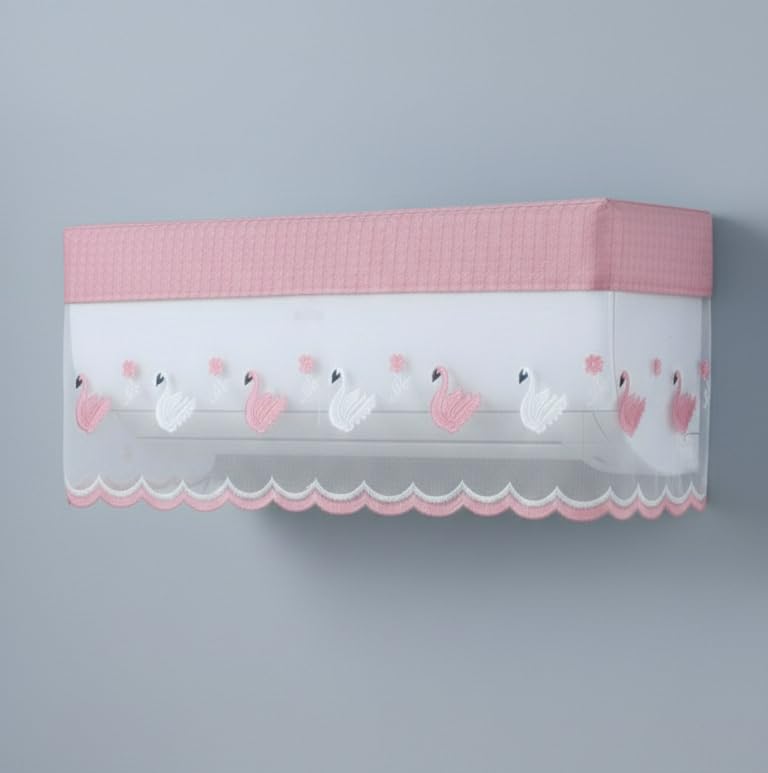 Image of Premium Cotton Net AC Cover for 1.5-2 Ton Split Air Conditioner | Dust Protection AC Indoor Unit Cover for Summer | Embroidered & Printed | Pack of 1 (Pink Duck)