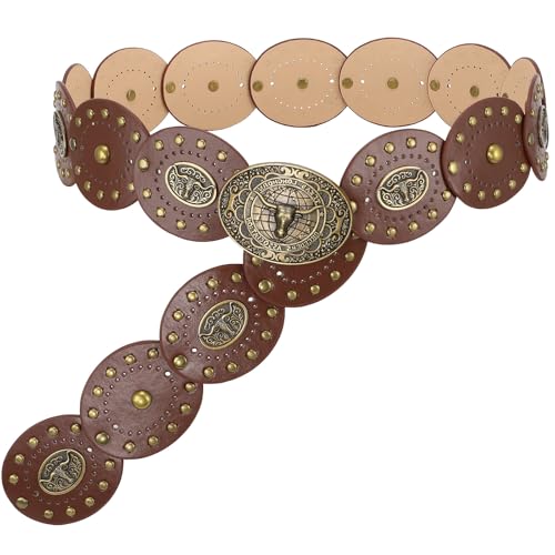WERFORU Womens Boho Disc Belt Cowboy Wide Western Concho Leather Belt for Dresses Jeans Skirts Brown