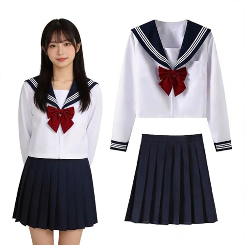 [Formemory] セーラー服 本格制服 コスプレ JK 女子高生 制服 ホワイト 長袖と半袖の2種類 セーラー服 スカート 蝶結び 3点セット JKコスプレ スクールスカート プリーツスカート ボウタイ クラスの服 関西襟 學院風 イギリス風 中学生 かわいい 学園祭 文化祭 仮装 (レッド蝶結び 長袖 S)