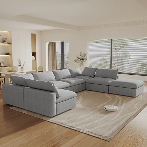 Image of 160 inch Cloud Couch Modular Sectional Sofa for Livingroom,Oversized Convertible Sofa with Storage Ottomans,7 Seat Wide Couches,Cushion Covers Removable,Gray