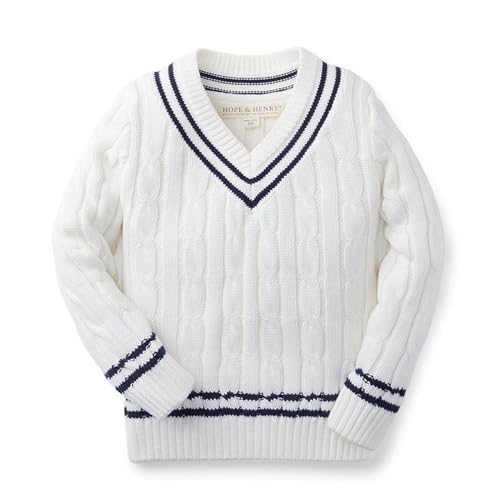Image of Hope & Henry Boys' Organic Long Sleeve V-Neck Cricket Sweater, M (7-8), White with Navy