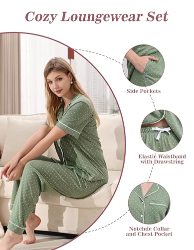 Image of NAP BOUND 100% Cotton Women's Pajama Sets Short Sleeve Button Down Soft Pjs 2 Piece Lounge Set with Pocket Nightwear XS-XXL