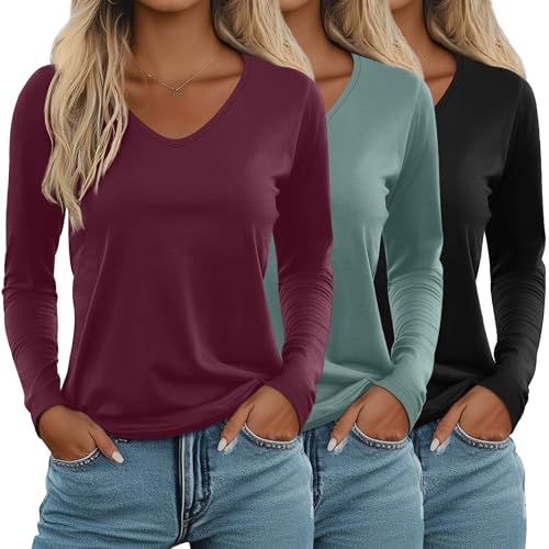 Ficerd 3 Pack Women's Long Sleeve T Shirts, V Neck Basic Tops Fall Casual Trendy Tees Loose Fit Soft Clothes Outfits