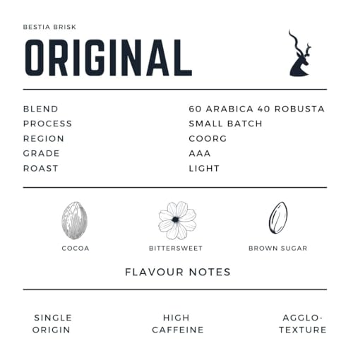 Image of Bestia Brisk Instant Coffee Original, Light Roast, 4-6 Hours Energy, Preservative-Free, No Chicory, Zero Sugar, Slow Roasted, Gourmet, 60% Arabica & 40% Robusta, AAA Grade, Coorg, Single Origin, 100g